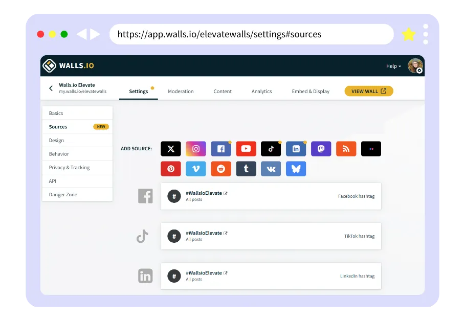 Social wall sources dialogue inside the walls.io app: x, instagram, tiktok, facebook, linkedin, bluesky, mastodon, pinterest, flicker, vimeo, youtube, reddit, vkontakte, rss
