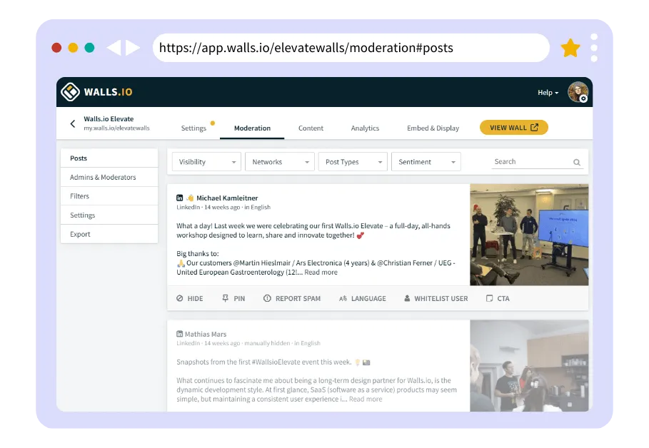 Walls.io social wall app moderation dialogue screenshot
