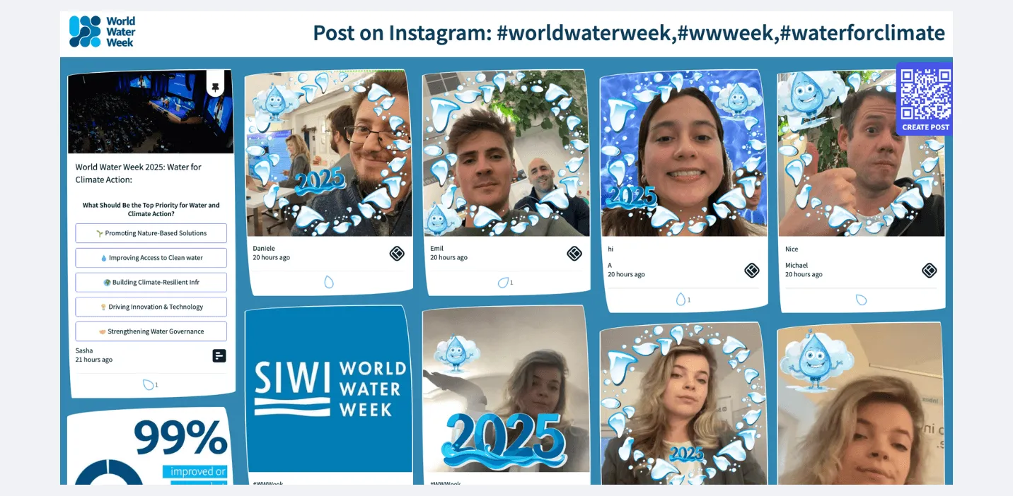 event social wall photo booth screenshot with a water and hearts frame theme