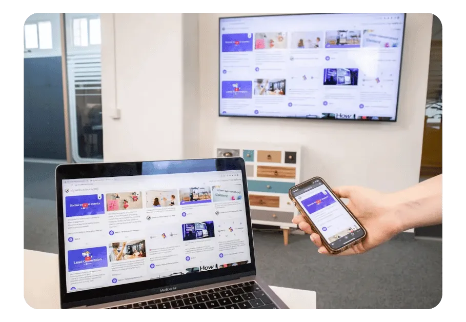 A social wall displayed on a laptop, a TV and a phone simultaneously.