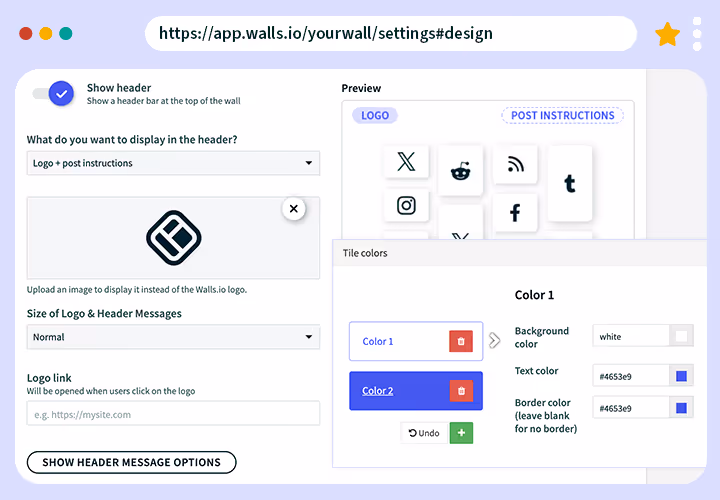 Screenshot of the Walls.io design settings page where users can customize header elements, upload logos, and change tile colors. The preview section shows color options and layout examples.