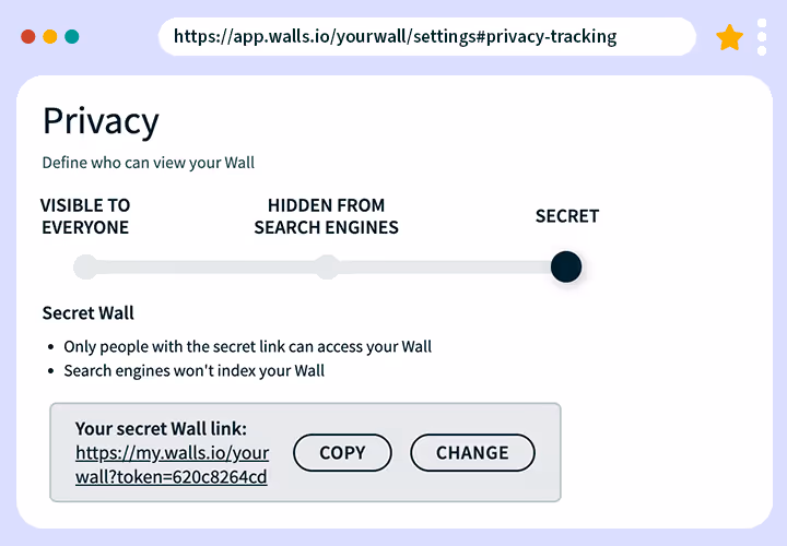 Screenshot of the Walls.io privacy settings page showing options for wall visibility: visible to everyone, hidden from search engines, or secret. The “Secret” option is selected, displaying a copyable private link.