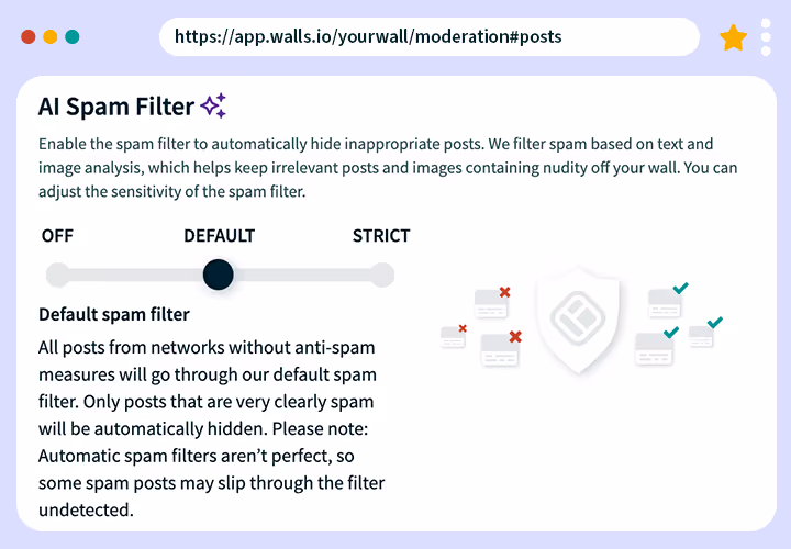 Screenshot of the Walls.io AI Spam Filter settings. The interface allows toggling between “Off,” “Default,” and “Strict” spam filtering modes with an explanation of each.