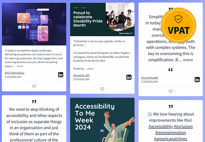 Screenshot of a social wall showing multiple posts about accessibility and inclusion, including topics like Disability Pride Month and Accessibility Week. A gold VPAT accessibility badge appears in the upper-right corner.