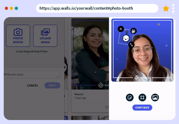 Screenshot of the Walls.io Photo Booth feature showing a user taking a selfie within the app. Options to upload media or write a post appear on the left side.
