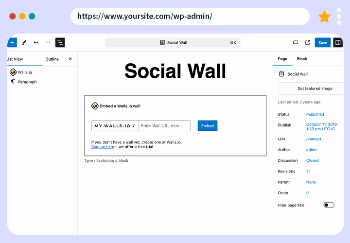 Screenshot of the WordPress editor displaying the Walls.io block plugin for embedding a social wall, with fields to enter the wall URL and an “Embed” button.