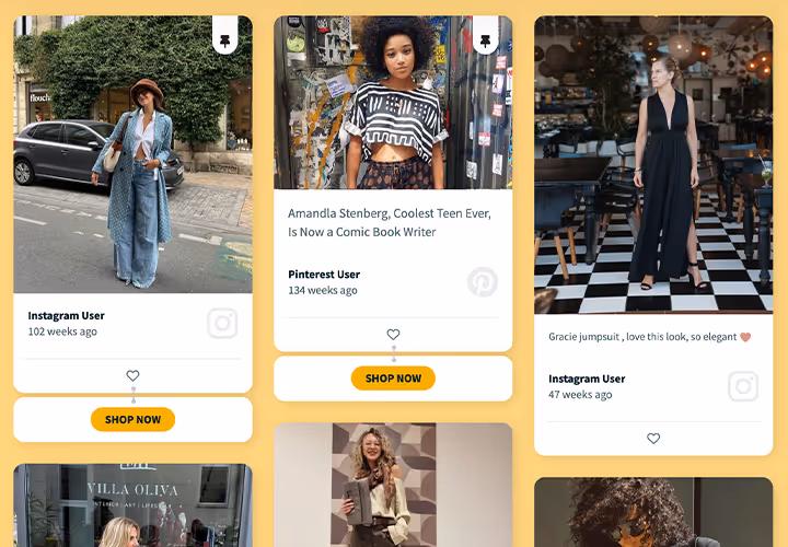 Example of a shoppable social wall displaying fashion posts from Instagram and Pinterest users, each with “Shop Now” buttons below the tiles on a yellow background.