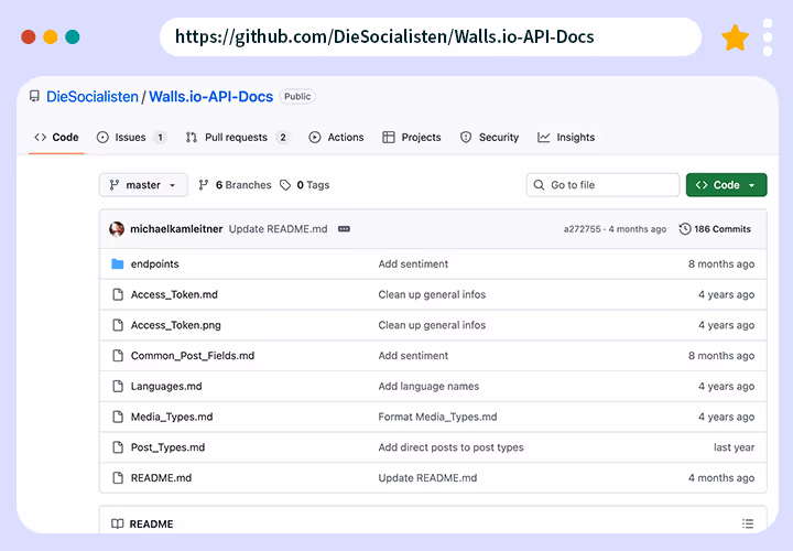 Screenshot of the Walls.io API documentation repository on GitHub showing files such as Access_Token.md, Post_Types.md, and README.md in the main directory.