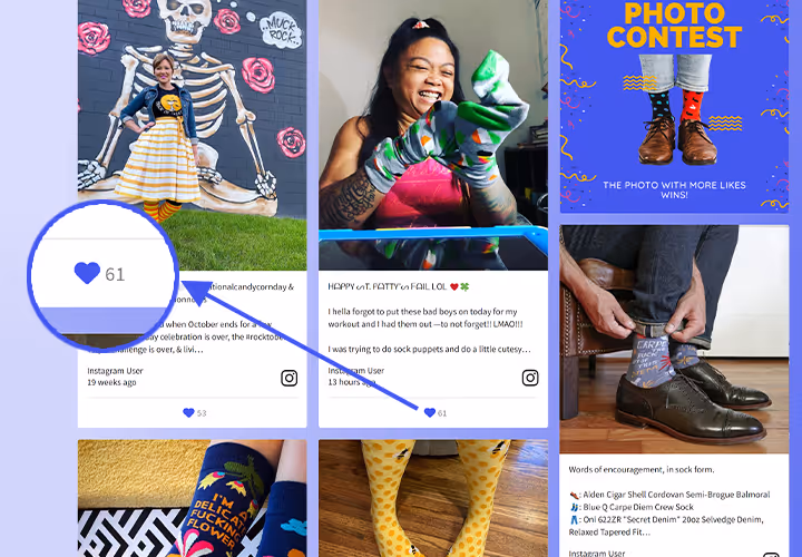 Screenshot of a Walls.io photo contest wall featuring colorful sock photos. One tile shows a magnified heart icon with 61 likes highlighted.