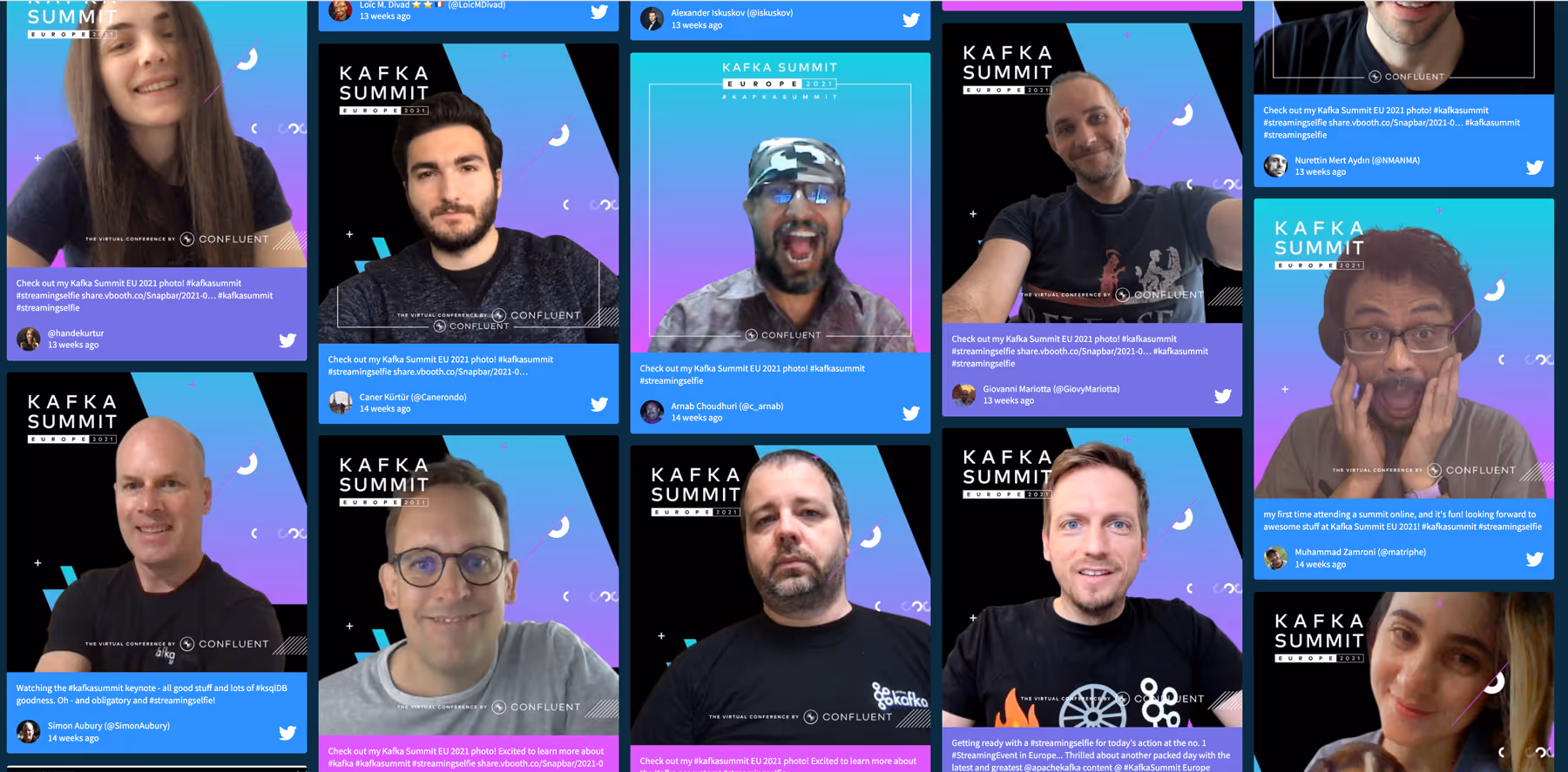 A social media wall displaying attendee selfies from Kafka Summit Europe 2021, featuring multiple people posing with virtual backgrounds branded with the event’s logo and hashtags like #KafkaSummit and #StreamingSelfie.