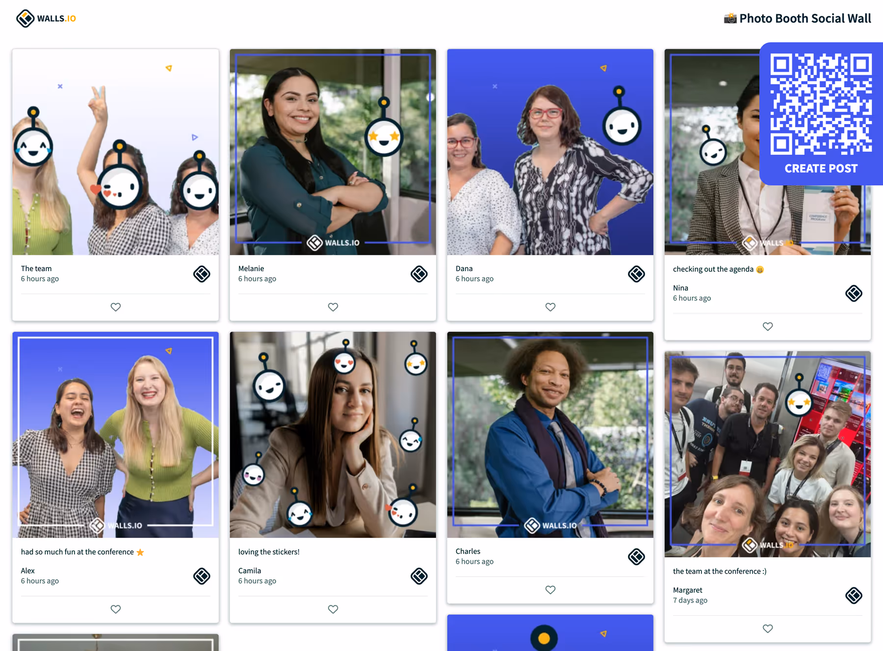 A photo booth social wall by Walls.io showcasing portraits of smiling event attendees, each framed with branded graphics and small illustrated icons. A QR code in the top right corner invites users to create their own posts.