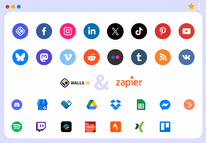 A graphic showing multiple social media and digital platform logos such as Facebook, Instagram, LinkedIn, TikTok, YouTube, Reddit, and more, along with the Walls.io and Zapier logos in the center, illustrating integration with various content sources.
