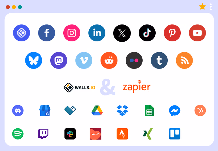 A graphic showing multiple social media and digital platform logos such as Facebook, Instagram, LinkedIn, TikTok, YouTube, Reddit, and more, along with the Walls.io and Zapier logos in the center, illustrating integration with various content sources.