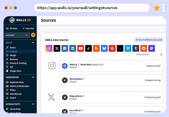 Screenshot of the Walls.io dashboard in the “Sources” settings section, showing options to add content sources from platforms like Instagram, X, Facebook, YouTube, TikTok, RSS, and more.