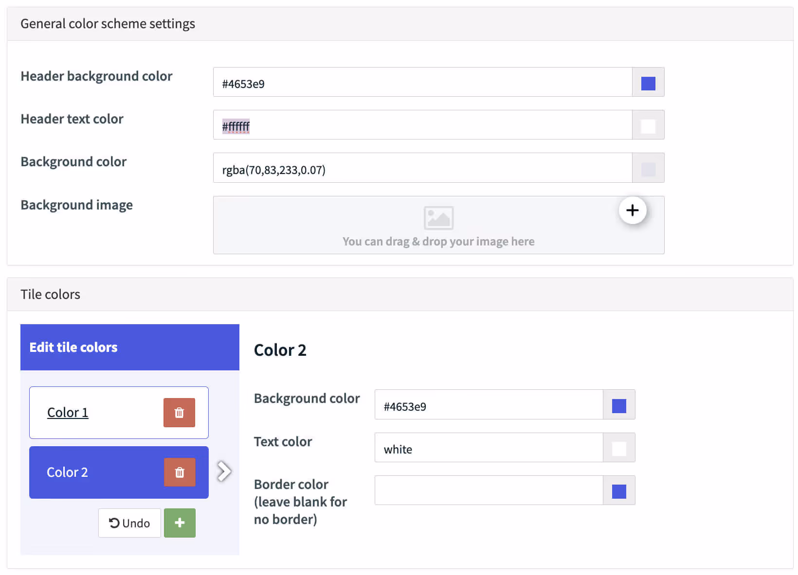 A Walls.io customization panel displaying general color scheme settings. Fields are shown for header background color, header text color, overall background color, and an empty background image uploader. Below, a ‘Tile colors’ section is open, highlighting ‘Color 2’ with fields for background color (#4653e9), text color (white), and border color, along with options to switch between saved tile color presets.