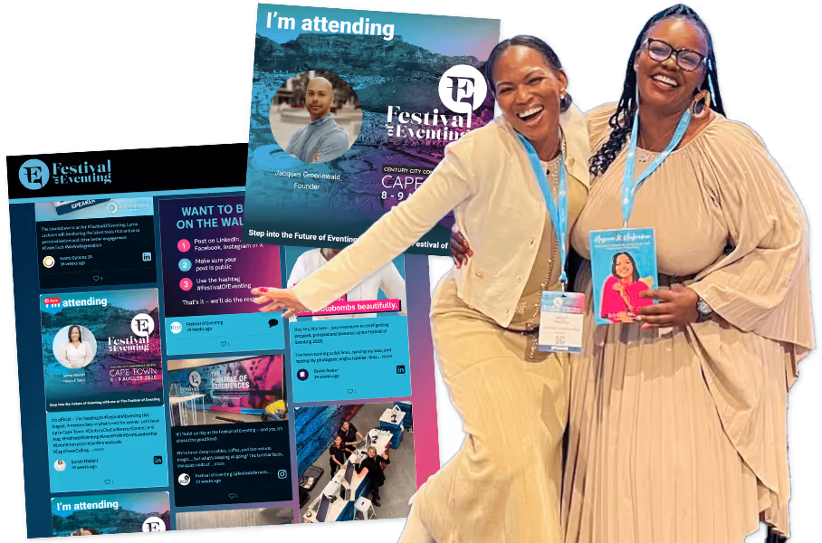 Two attendees posting next to a social wall from the festival of eventing. Behind them a collage of a social wall screenshot and a walls.io echo social card of an attendee sharing that he's attending