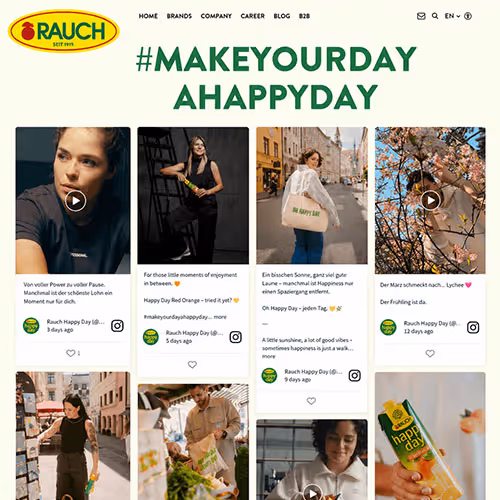 A screenshot of an instagram social wall embedded on the rauch juice website displaying brand and user generated content