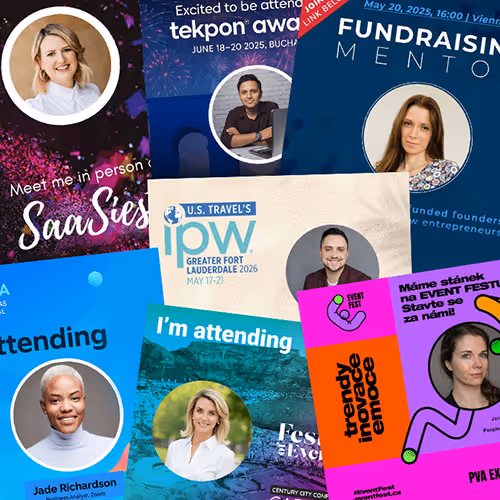 a collection of social media cards with different event branding on them and people photos announcing that they are either attending, speaking at, or sponsoring an event. These are screenshots from creative campaigns designed inside the Walls.io tool for pre-event marketing called Echo
