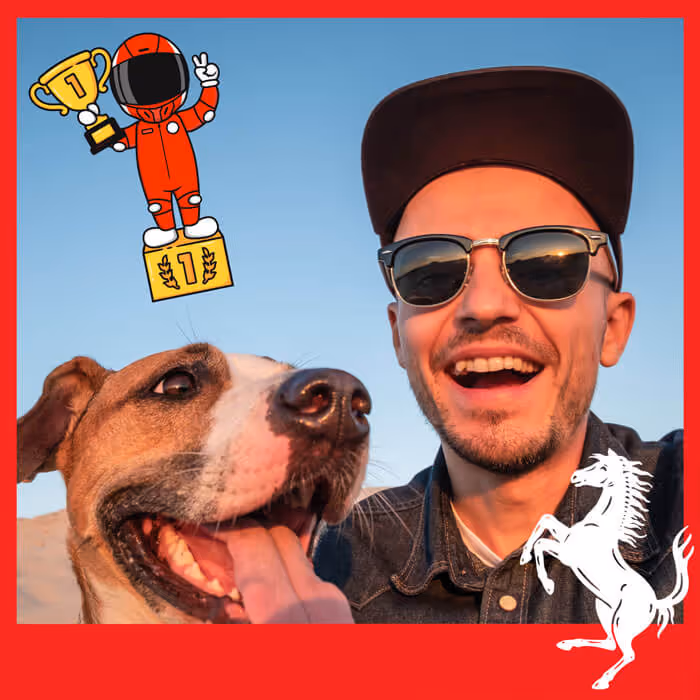 a Lens digital photo booth snapshot of a man and his dog with a red frame, the Ferrari logo on the side and a sticker with a winner holding a golden cup