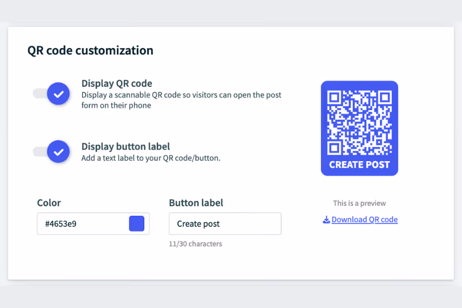 Walls.io's dashboard showing the built-in QR code customization section as part of the Direct Posts.
