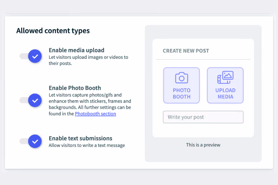 Walls.io's dashboard showing the allowed content types for Direct Posts.