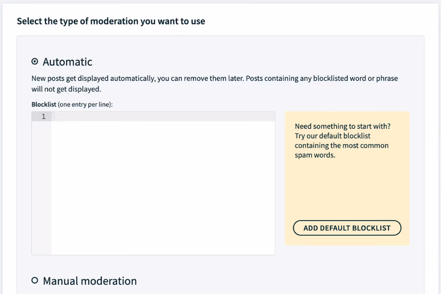 Walls.io's dashboard showing the manual or automatic moderation section.