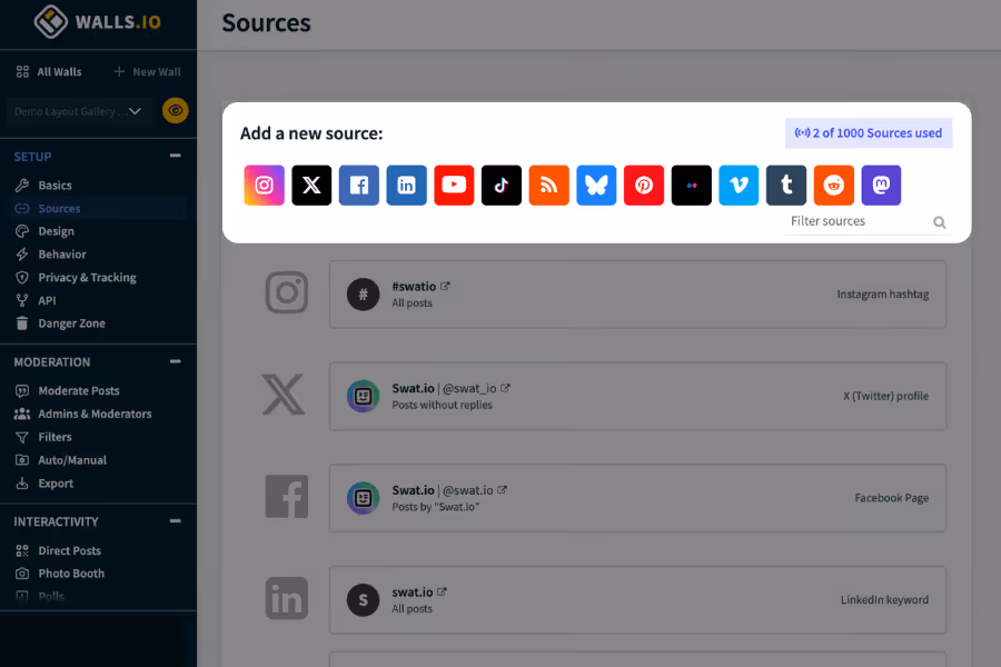 Walls.io's dashboard showing all the sources options of a social wall.
