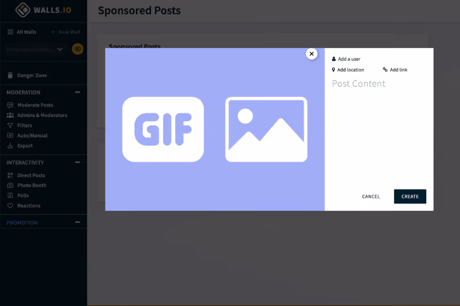 The Walls.io post creation form showing GIF and image upload options.