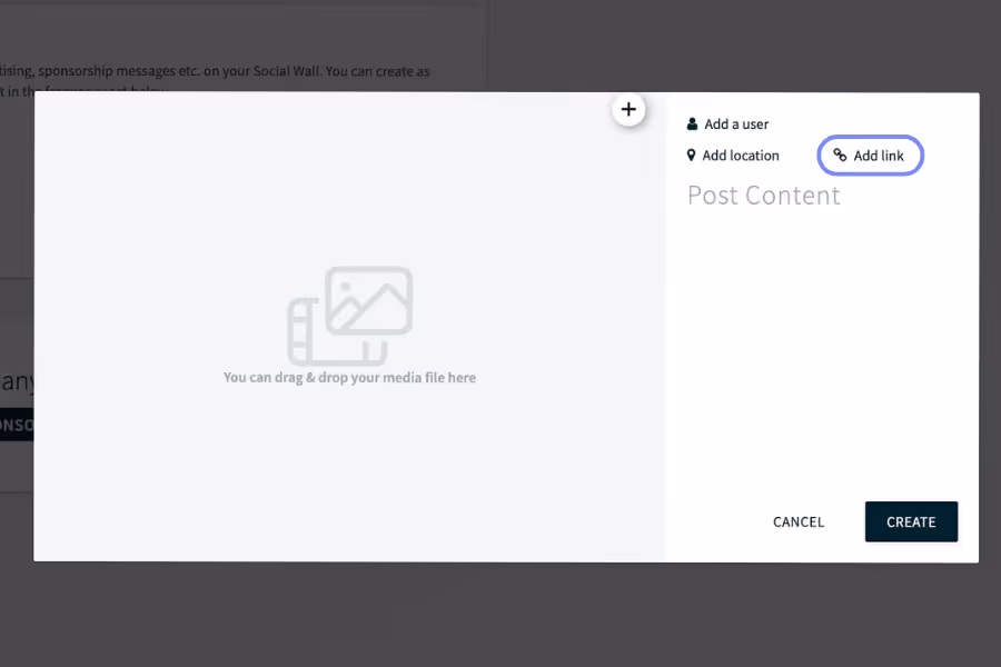 The Walls.io post creation form with the "Add link" option highlighted.
