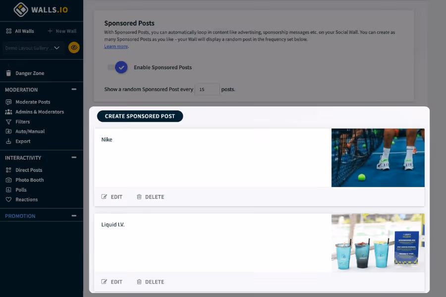 The Sponsored Posts dashboard listing two active sponsored posts from different sponsors.