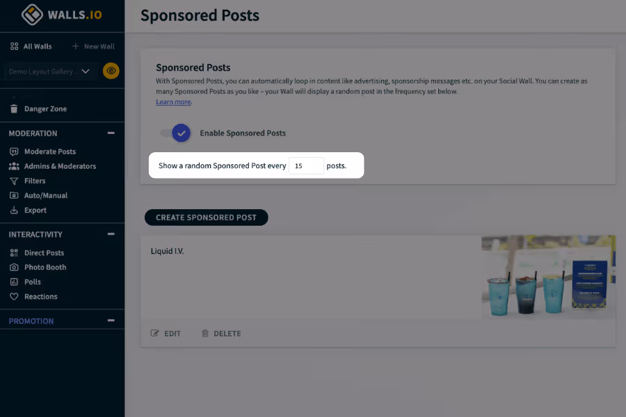 The Sponsored Posts settings panel showing a frequency control set to display a sponsored post every 15 posts.