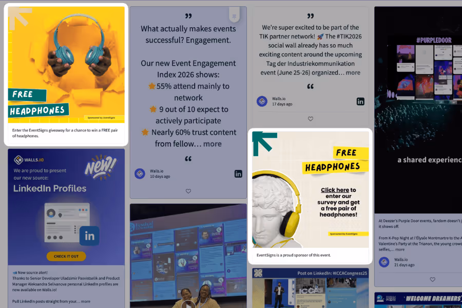 A social wall displaying a mix of organic posts and a sponsored post promoting a free headphones giveaway.