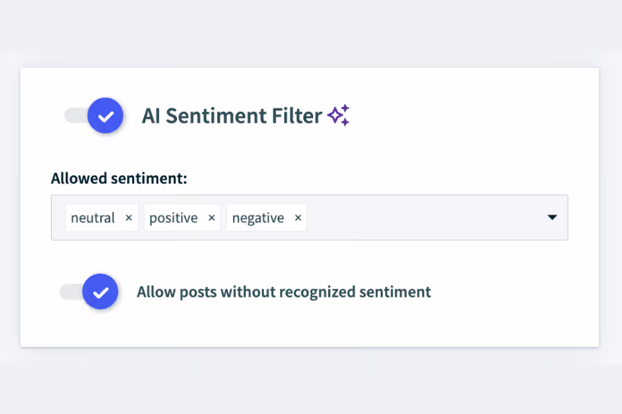 The AI Sentiment Filter settings panel with neutral, positive, and negative sentiment options selected.