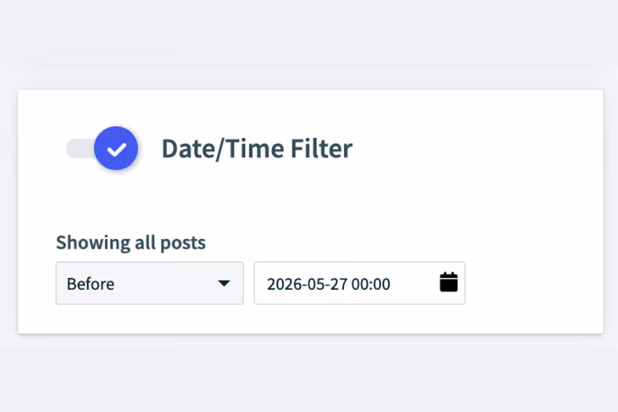The Date/Time Filter settings panel set to show all posts before a specified date and time.
