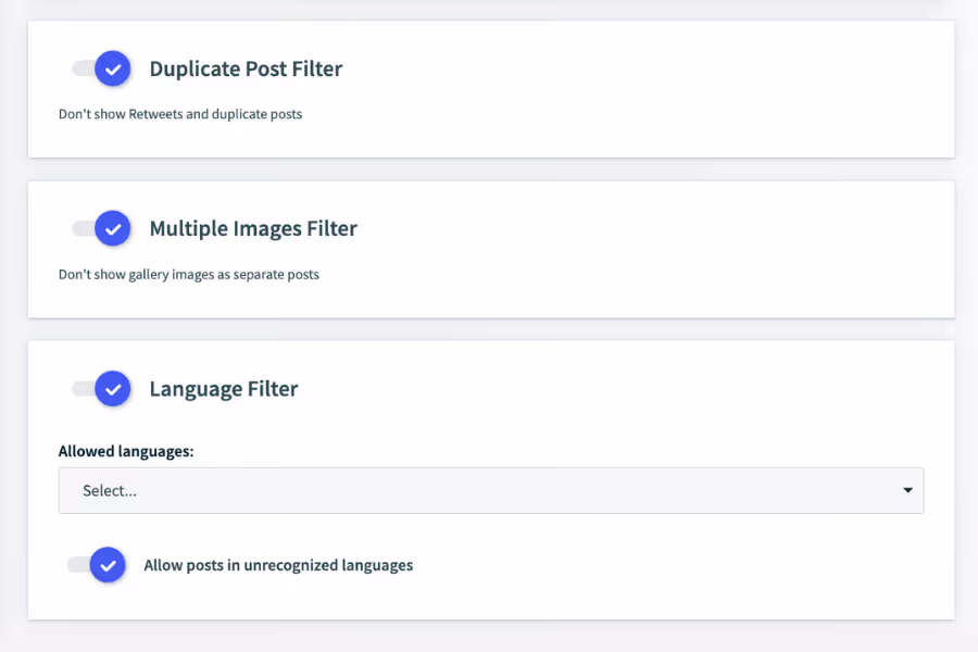 The Walls.io filter settings showing Duplicate Post Filter, Multiple Images Filter, and Language Filter options, all enabled.