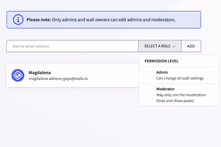 The Admins & Moderators settings panel showing a role selection dropdown with Admin and Moderator permission levels.