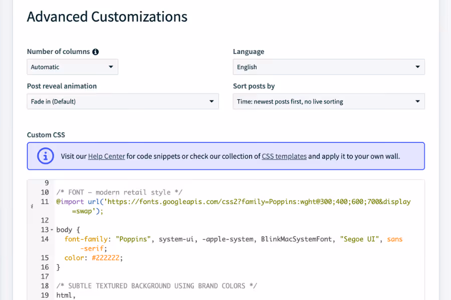 The Advanced Customizations panel showing layout controls and a Custom CSS editor with sample code.