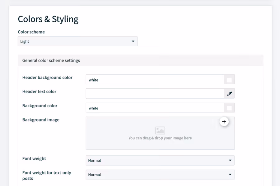 The Colors & Styling settings panel showing options for color scheme, header and background colors, background image upload, and font weight.
