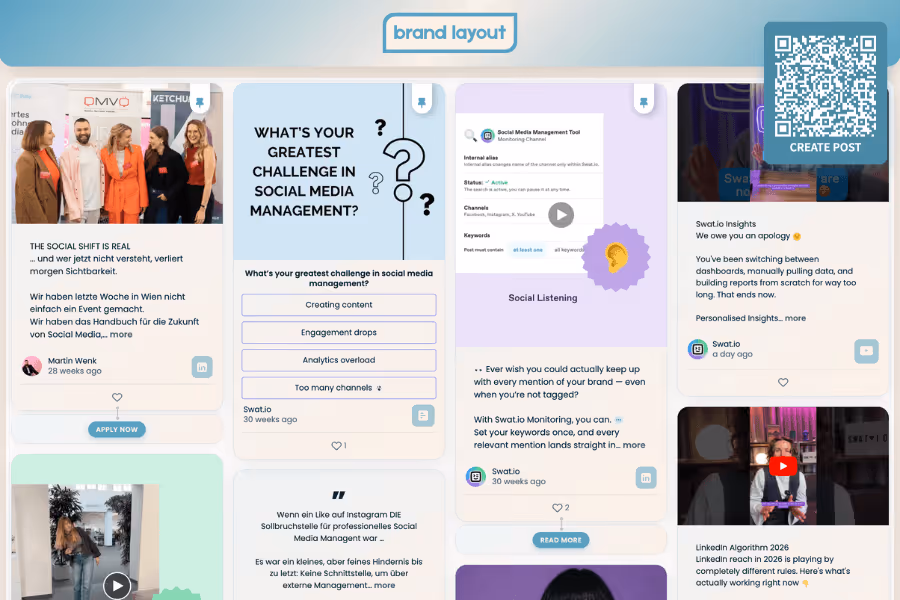 A live social wall with a custom brand header, QR code, and a fluid grid of posts from multiple sources.