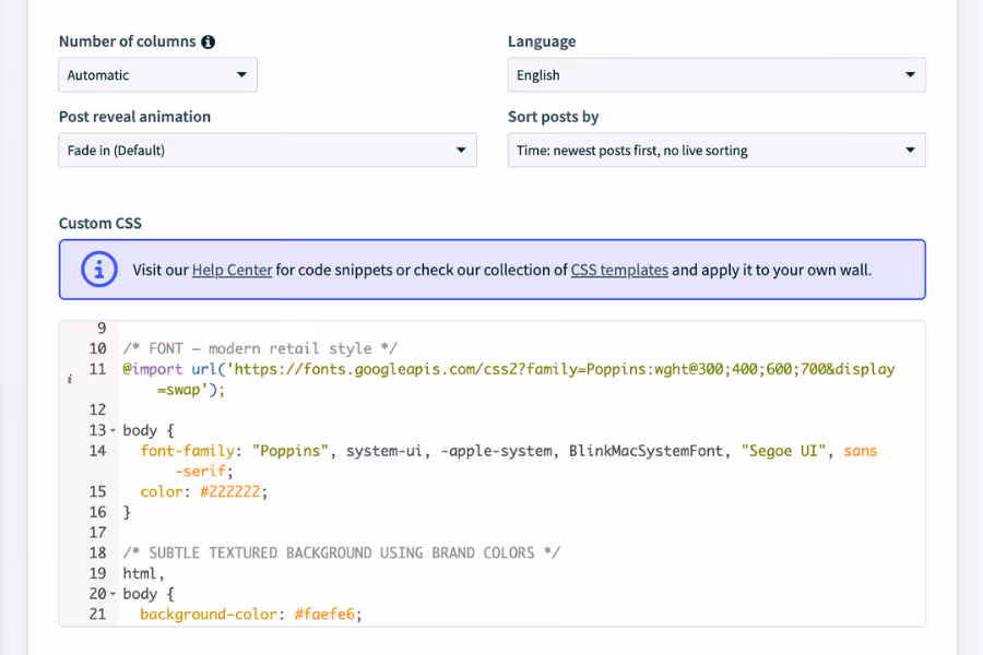 The Advanced Customizations panel showing column, language, animation, and sort settings above a Custom CSS editor.