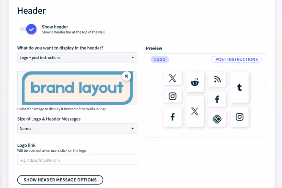 The Header settings panel showing logo upload, header content options, and a live preview of the header layout.