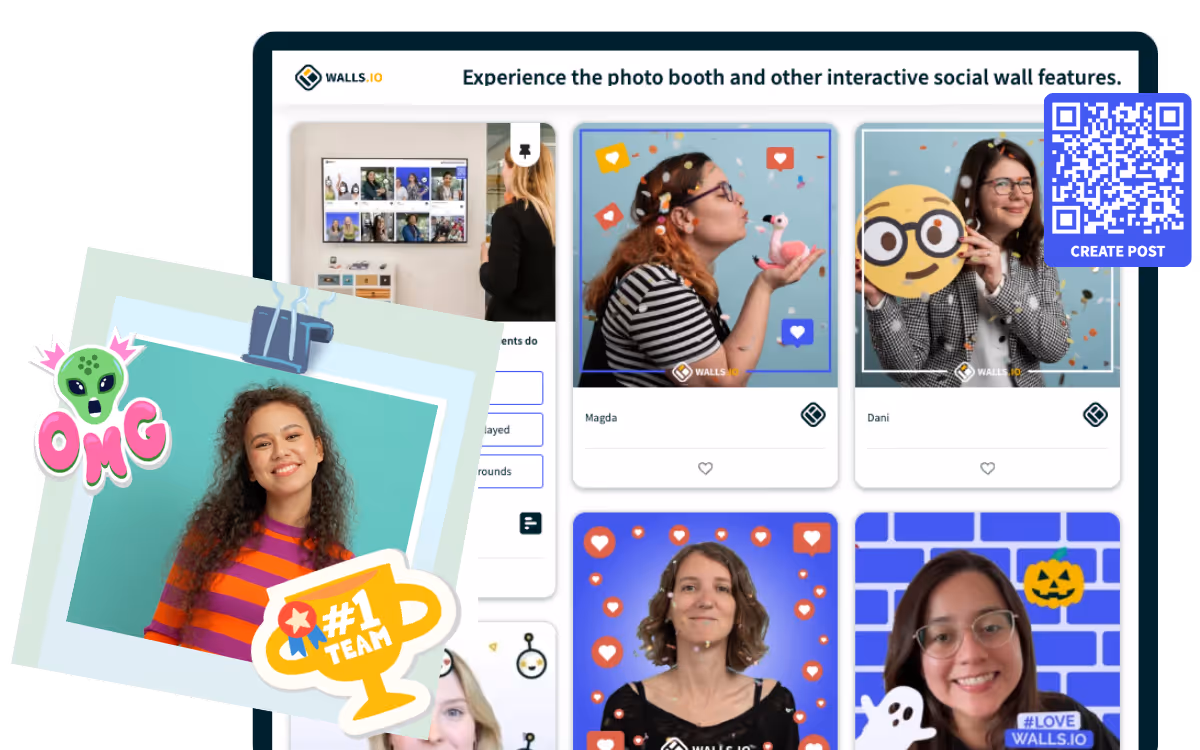 Image shows a social wall with Walls.io Lens photo booth posts with custom stickers and a QR code scan