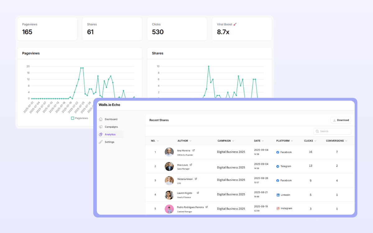 A screenshot of Walls.io Echo showing campaign analytics