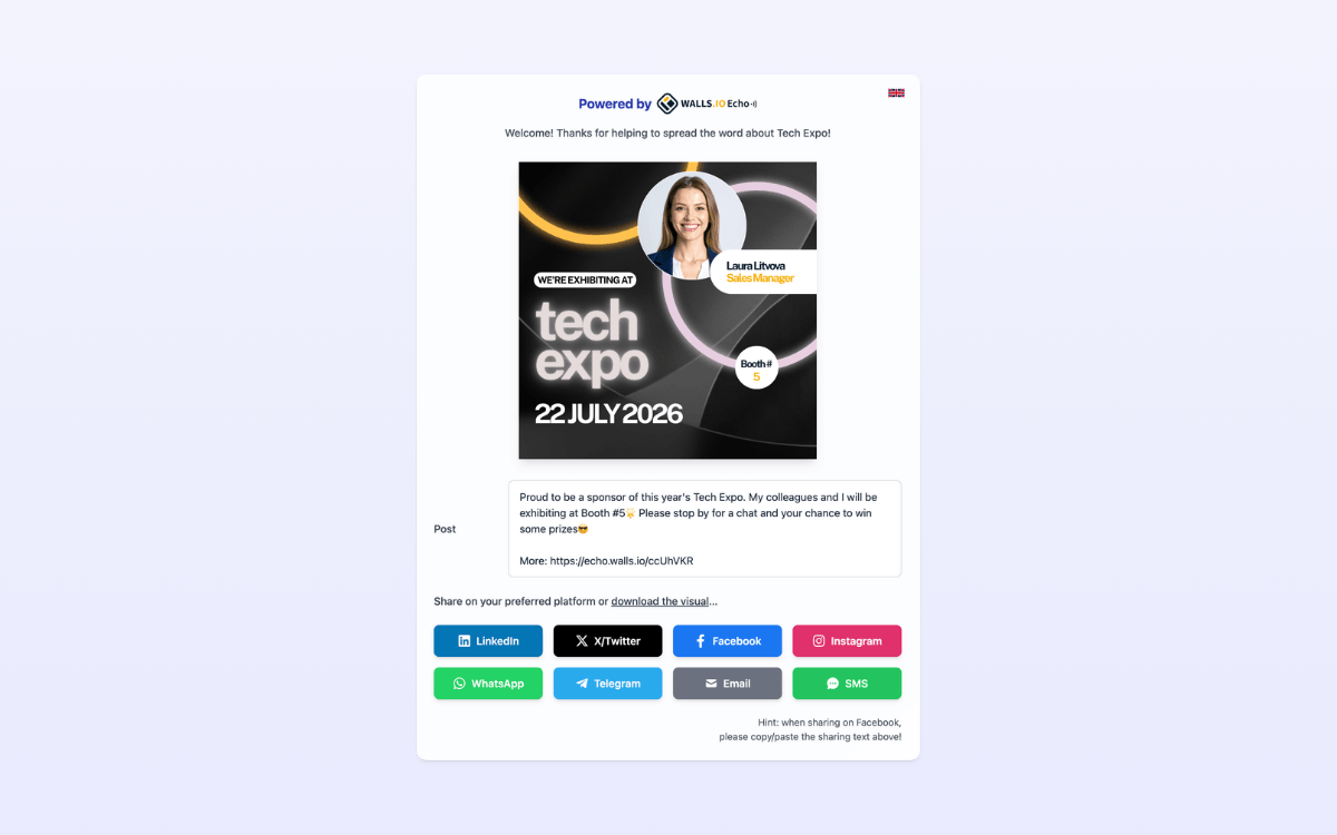 A screenshot of Walls.io Echo showing the login process of posting a social media tile