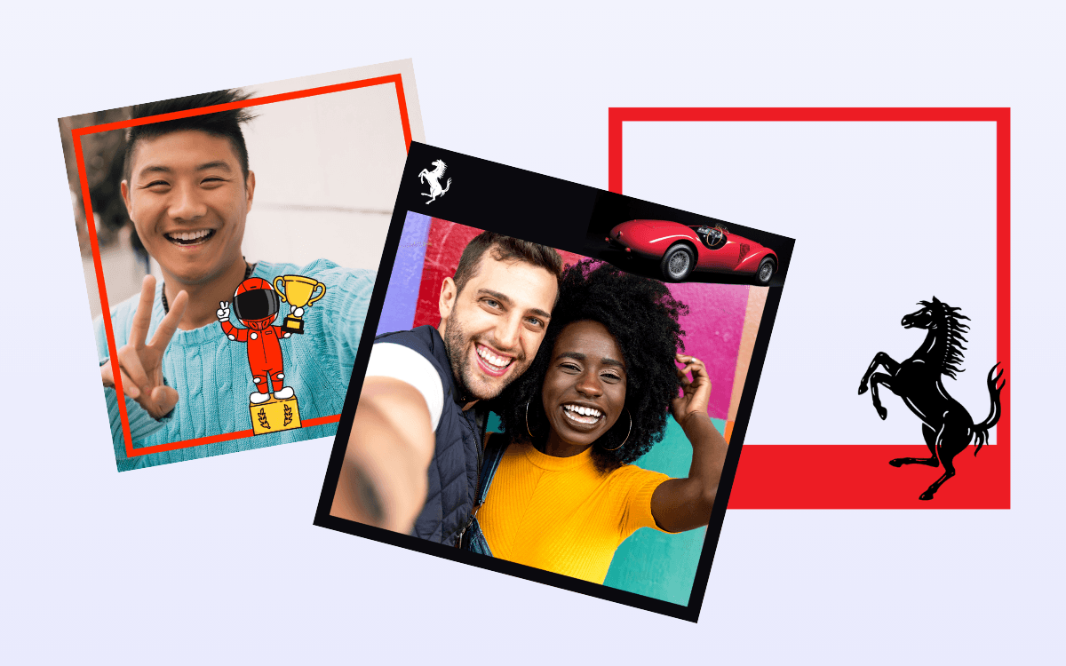 A screenshot of Lens digital photo booth showing sponsored photo booth frames