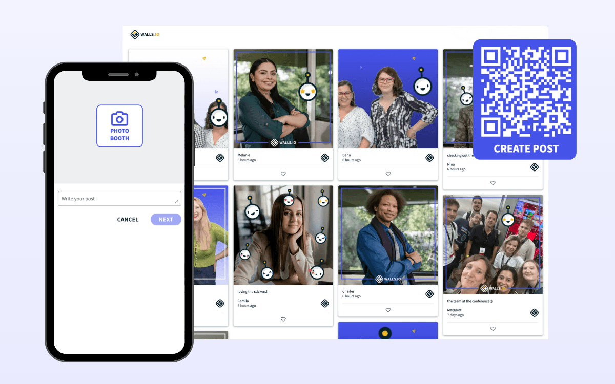 A screenshot of Lens digital photo booth showing a social wall and a scannable QR code