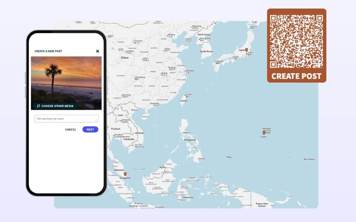 A social wall in a map layout with a scannable QR code for direct submissions