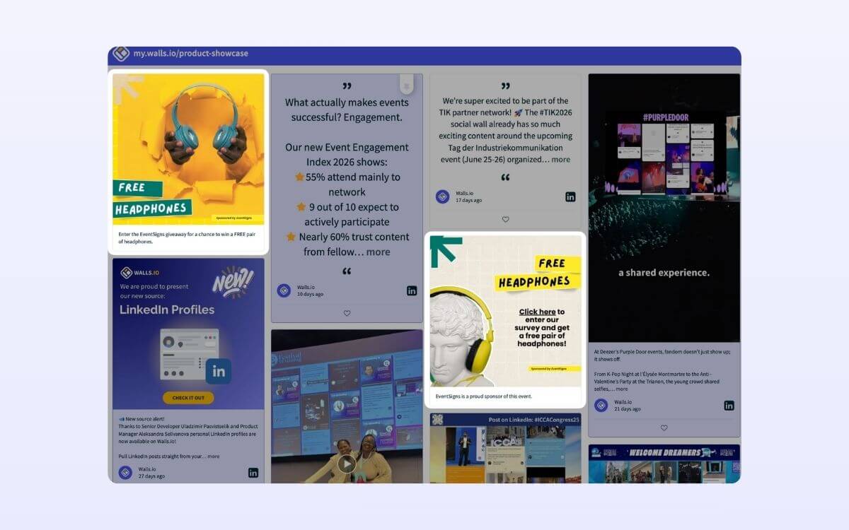 A social wall that displays two highlighted sponsored posts that are advertising headphones