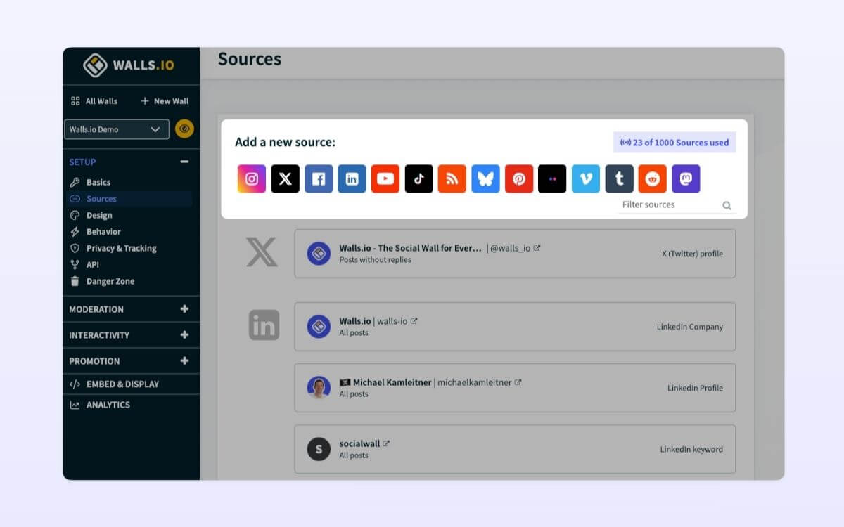 A screenshot of the sources that can be used in Walls.io