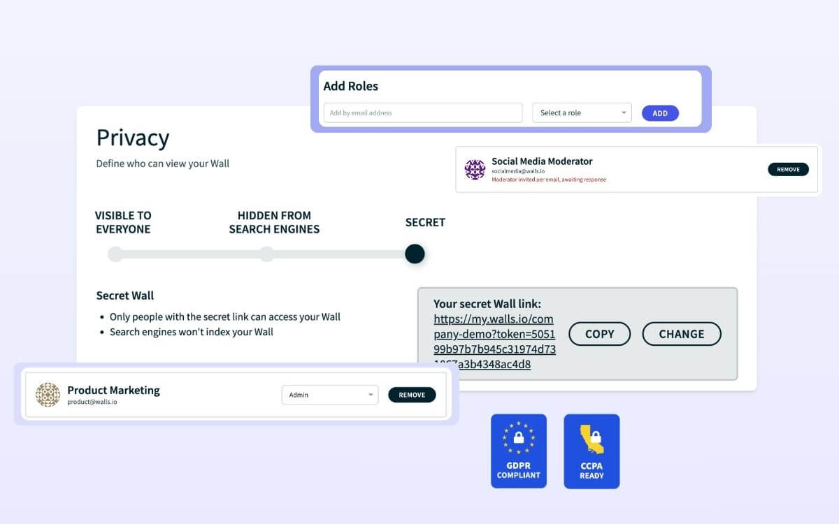 A screenshot of Walls.io's privacy and GDPR features
